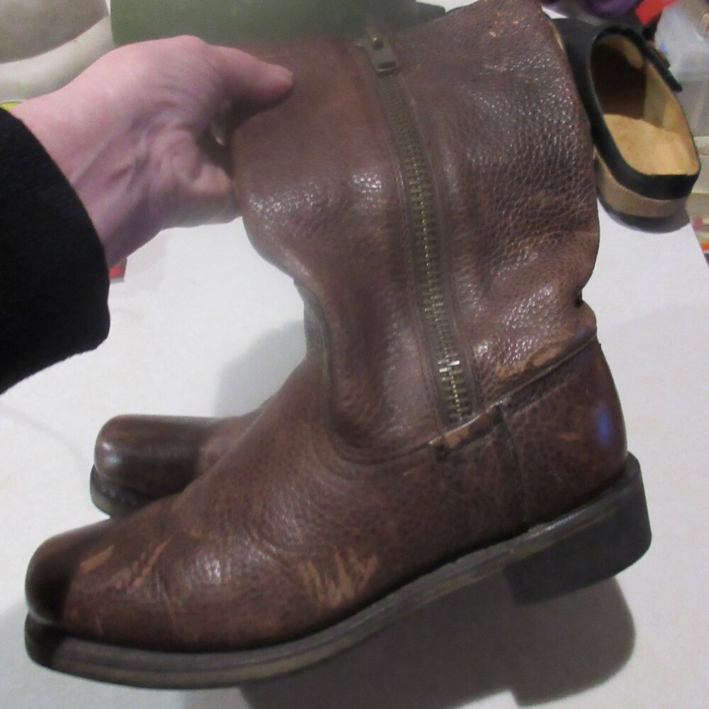 eddie moran  Brown Distressed Leather Calf Boots zip side 7 m